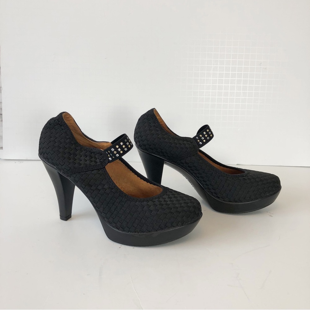 Bernie Mev Leilani Black Metallic Detail Woven Mary Jane Pumps 8.5
